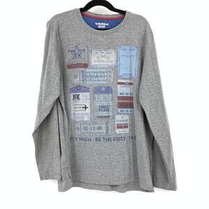 Primigi Long Sleeve Crew Neck Tee Boys Sz 14 Gray Travel Ticket Graphic Print